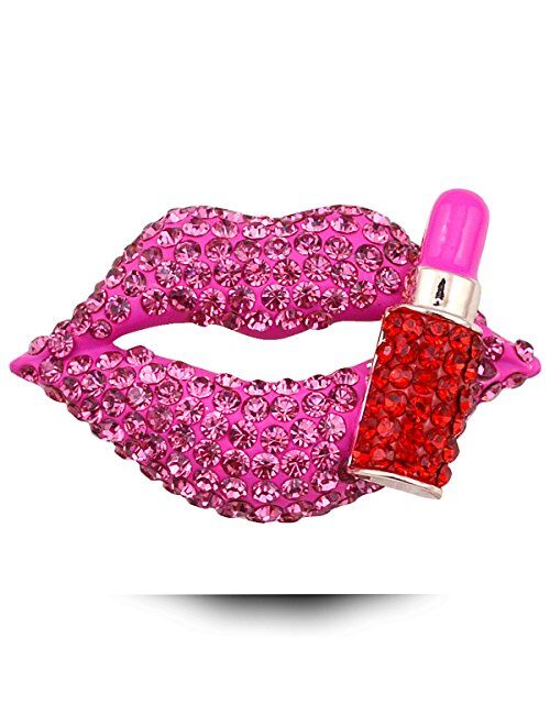 Reizteko Hot Lips Lipstick Rhinestone Brooch Pin Women Jewelry Sweater Shawl Scarf Buckle (White)