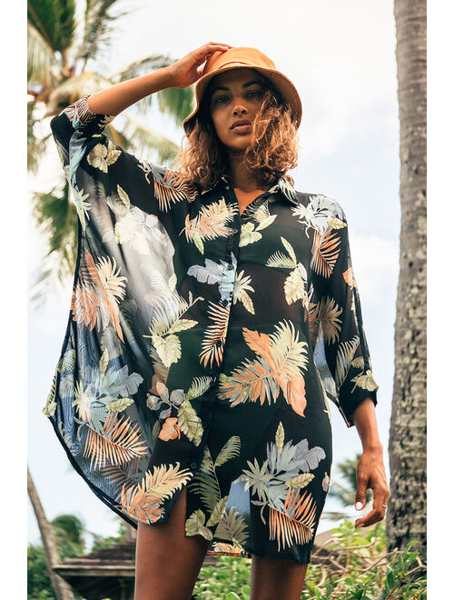 Lulus In the Tropics Sheer Black Tropical Print Shirt Dress