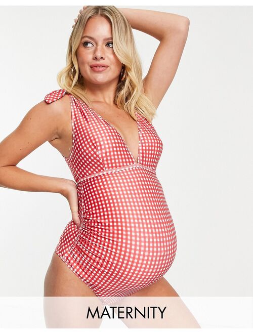 Peek & Beau Maternity Exclusive swimsuit with tie shoulder detail in red gingham