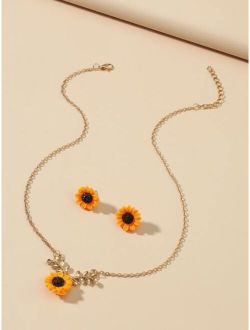 1pair Sunflower Design Earrings & 1pc Necklace