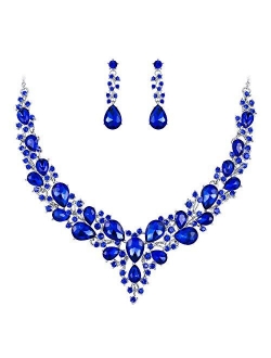 BriLove Women's Wedding Bridal Austrian Crystal Teardrop Cluster Statement Necklace Dangle Earrings Jewelry Set