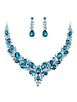 BriLove Women's Wedding Bridal Austrian Crystal Teardrop Cluster Statement Necklace Dangle Earrings Jewelry Set