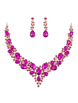 BriLove Women's Wedding Bridal Austrian Crystal Teardrop Cluster Statement Necklace Dangle Earrings Jewelry Set