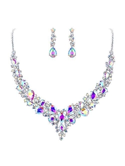 BriLove Women's Wedding Bridal Austrian Crystal Teardrop Cluster Statement Necklace Dangle Earrings Jewelry Set