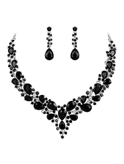 BriLove Women's Wedding Bridal Austrian Crystal Teardrop Cluster Statement Necklace Dangle Earrings Jewelry Set