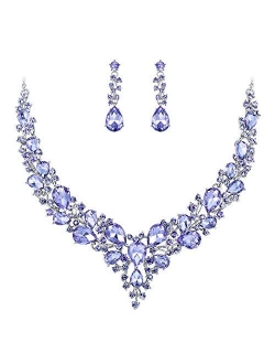 BriLove Women's Wedding Bridal Austrian Crystal Teardrop Cluster Statement Necklace Dangle Earrings Jewelry Set