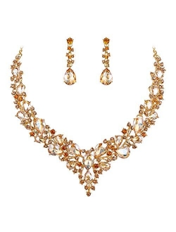 BriLove Women's Wedding Bridal Austrian Crystal Teardrop Cluster Statement Necklace Dangle Earrings Jewelry Set