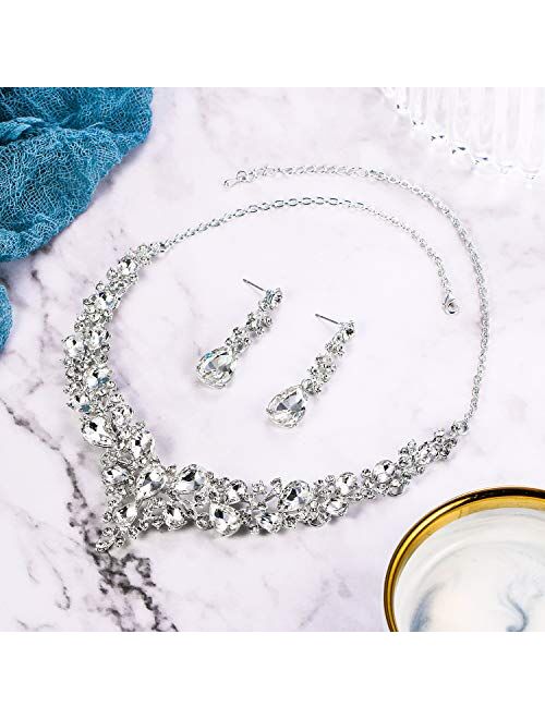 BriLove Women's Wedding Bridal Austrian Crystal Teardrop Cluster Statement Necklace Dangle Earrings Jewelry Set