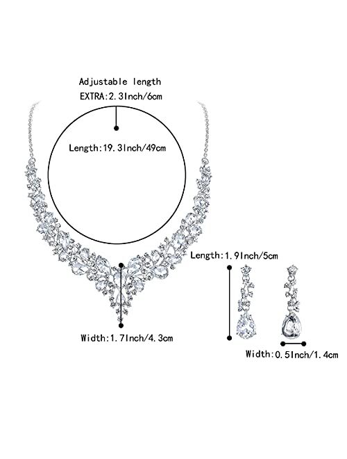 BriLove Women's Wedding Bridal Austrian Crystal Teardrop Cluster Statement Necklace Dangle Earrings Jewelry Set