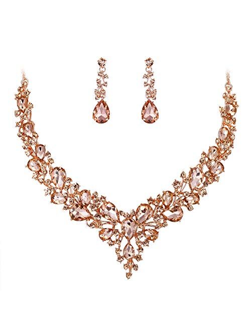 BriLove Women's Wedding Bridal Austrian Crystal Teardrop Cluster Statement Necklace Dangle Earrings Jewelry Set