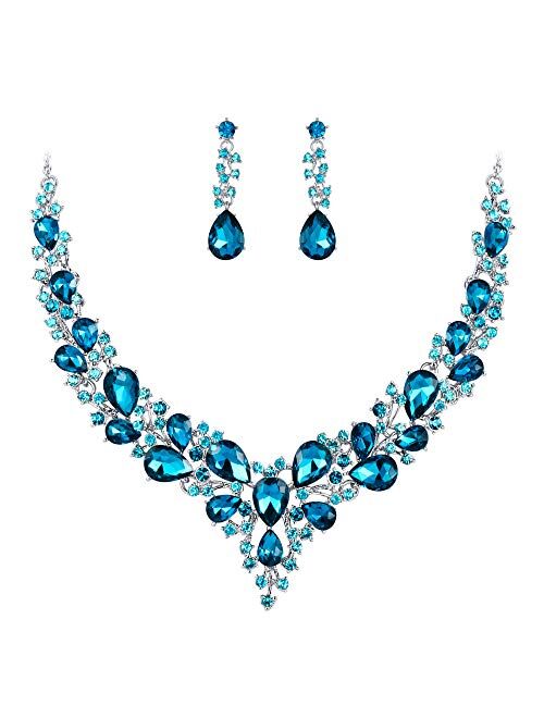 BriLove Women's Wedding Bridal Austrian Crystal Teardrop Cluster Statement Necklace Dangle Earrings Jewelry Set