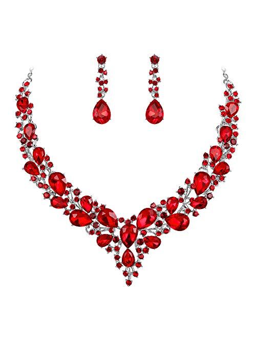 BriLove Women's Wedding Bridal Austrian Crystal Teardrop Cluster Statement Necklace Dangle Earrings Jewelry Set