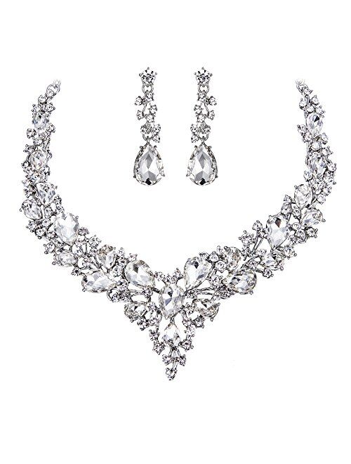 BriLove Women's Wedding Bridal Austrian Crystal Teardrop Cluster Statement Necklace Dangle Earrings Jewelry Set