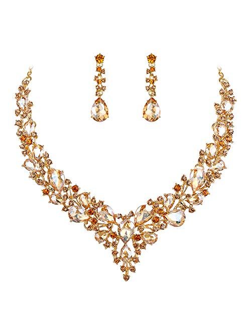 BriLove Women's Wedding Bridal Austrian Crystal Teardrop Cluster Statement Necklace Dangle Earrings Jewelry Set