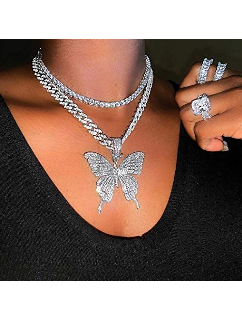 Earent Crystal Butterfly Choker Necklace Silver Cuban Link Chain Rhinestone Pendant Necklaces Chain Sparkly Butterfly Jewerly Party Accessories for Women and Girls