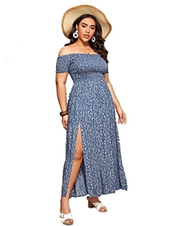 Women's Boho Floral Print Off Shoulder Split Long A Line Dress