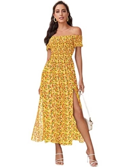 Women's Boho Floral Print Off Shoulder Split Long A Line Dress