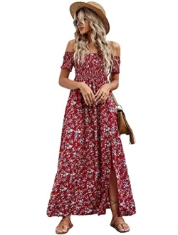 Women's Boho Floral Print Off Shoulder Split Long A Line Dress