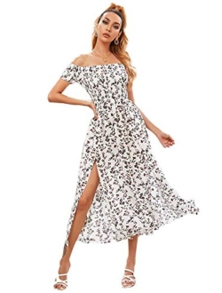 Women's Boho Floral Print Off Shoulder Split Long A Line Dress