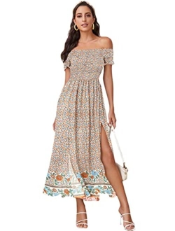 Women's Boho Floral Print Off Shoulder Split Long A Line Dress