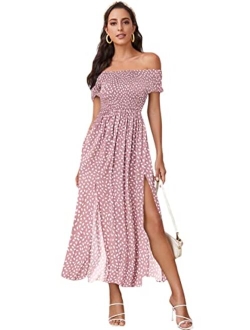 Women's Boho Floral Print Off Shoulder Split Long A Line Dress