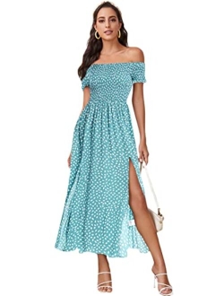 Women's Boho Floral Print Off Shoulder Split Long A Line Dress