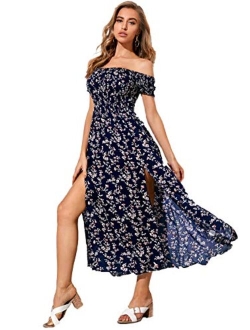 Women's Boho Floral Print Off Shoulder Split Long A Line Dress