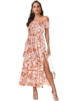 Women's Boho Floral Print Off Shoulder Split Long A Line Dress