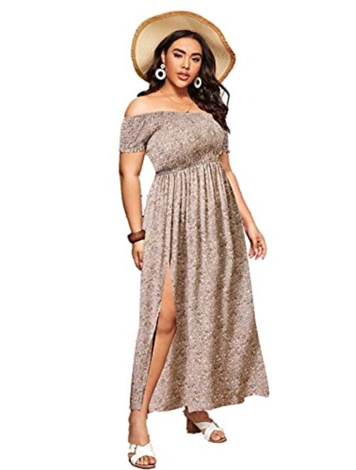 Floerns Women's Boho Floral Print Off Shoulder Split Long A Line Dress