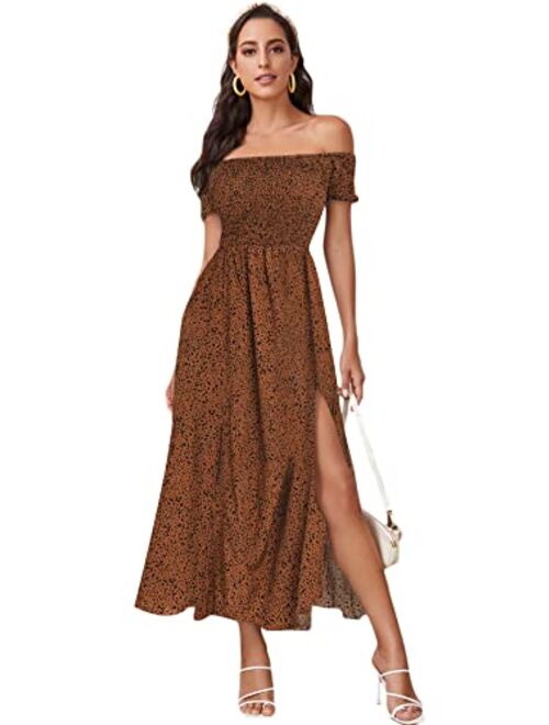 Floerns Women's Boho Floral Print Off Shoulder Split Long A Line Dress