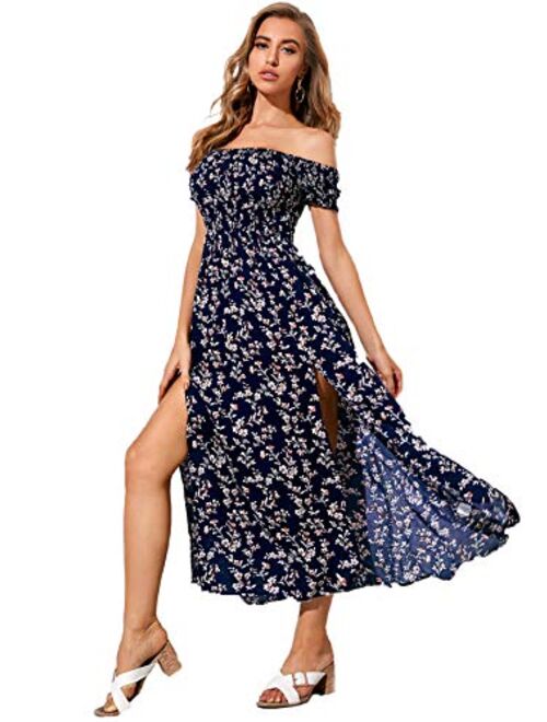 Floerns Women's Boho Floral Print Off Shoulder Split Long A Line Dress