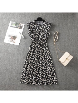 Summer New Chiffon Dress Women Elegant Floral Print Ruffle A Line Sundress