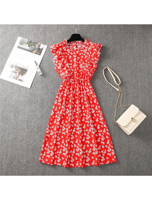 Summer New Chiffon Dress Women Elegant Floral Print Ruffle A Line Sundress