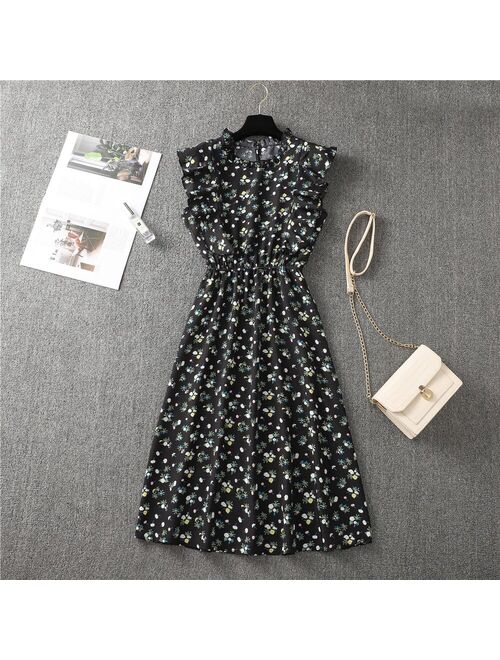 Summer New Chiffon Dress Women Elegant Floral Print Ruffle A Line Sundress