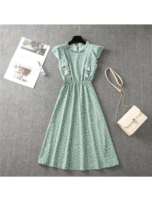 Summer New Chiffon Dress Women Elegant Floral Print Ruffle A Line Sundress