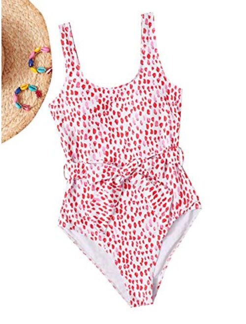 SweatyRocks Women's One Piece Swimsuit Cute Belted All Over Print Swimwear Monokini