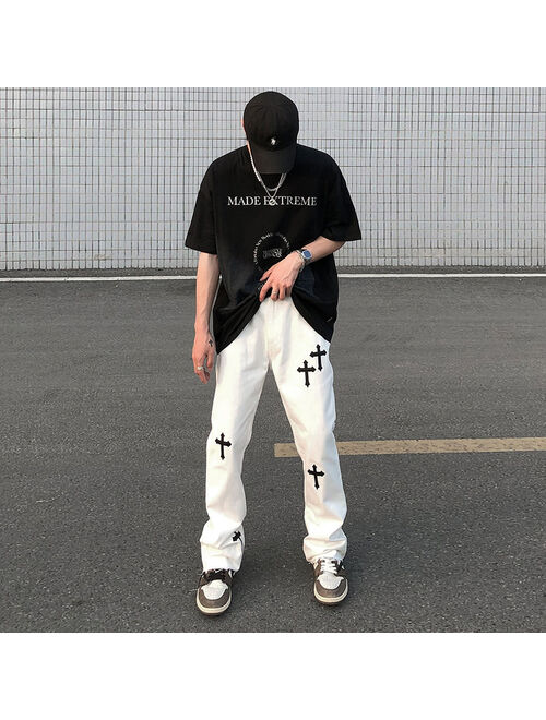 BiggOrange New 2021 hiphop brand printed cross overalls casual loose retro high waist trousers  streetwear gothic pants for men and women