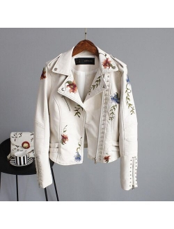 Ftlzz Women Floral Print Embroidery Faux Soft Leather Jacket Coat  Turn-down Collar Casual Pu Motorcycle Black Punk Outerwear