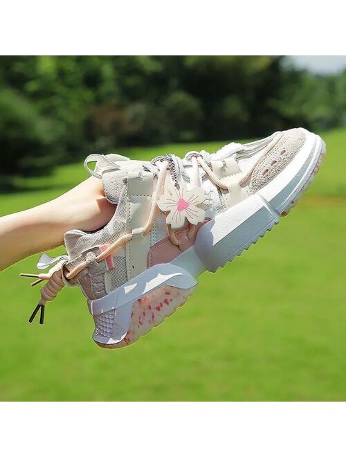 QWEEK Women's Casual Fashion Running Shoes Lady Breathable Platform Sneakers  2021 Summer New Ins Trend Flowers Pendant High Heel