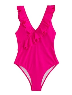 Women's One Piece Bathing Suits V Neck Tie Front Color Block Swimsuit Swimwear Monokini