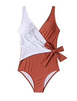 Women's One Piece Bathing Suits V Neck Tie Front Color Block Swimsuit Swimwear Monokini