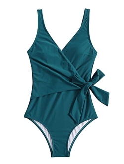 Women's One Piece Bathing Suits V Neck Tie Front Color Block Swimsuit Swimwear Monokini