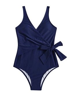 Women's One Piece Bathing Suits V Neck Tie Front Color Block Swimsuit Swimwear Monokini