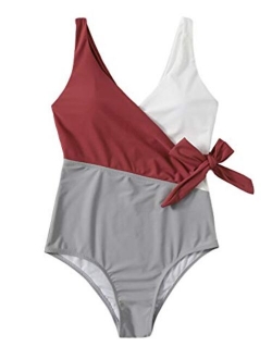 Women's One Piece Bathing Suits V Neck Tie Front Color Block Swimsuit Swimwear Monokini