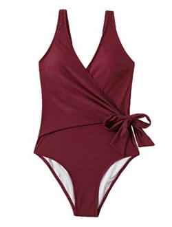 Women's One Piece Bathing Suits V Neck Tie Front Color Block Swimsuit Swimwear Monokini