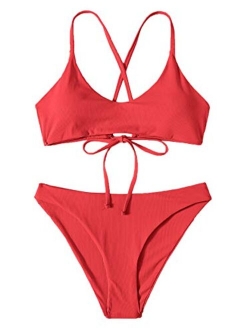 Women's Bathing Suits Spaghetti Strap Criss Cross Back Bikini Ribbed Swimsuit