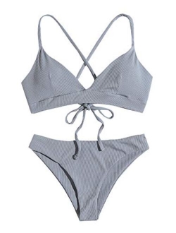 Women's Bathing Suits Spaghetti Strap Criss Cross Back Bikini Ribbed Swimsuit