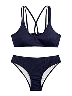 Women's Bathing Suits Spaghetti Strap Criss Cross Back Bikini Ribbed Swimsuit