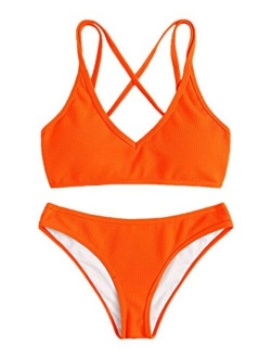 Women's Bathing Suits Spaghetti Strap Criss Cross Back Bikini Ribbed Swimsuit