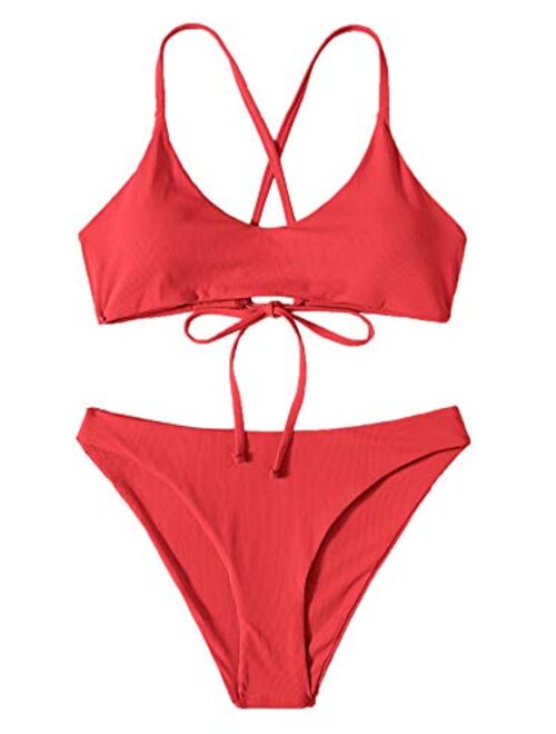 SweatyRocks Women's Bathing Suits Spaghetti Strap Criss Cross Back Bikini Ribbed Swimsuit